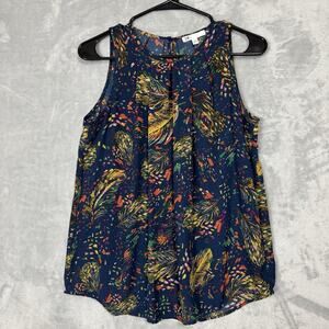 DR2 Top Womens Size Small Blue Multicolored Feathers Pattern Sleeveless Blouse